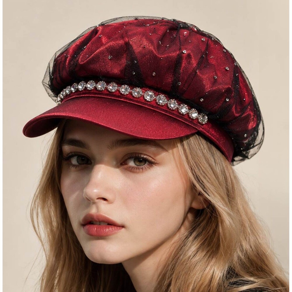 Red Mesh Rhinestone Crystal Newsboy Baker Boy Cap Bling Overlay Tulle Hat